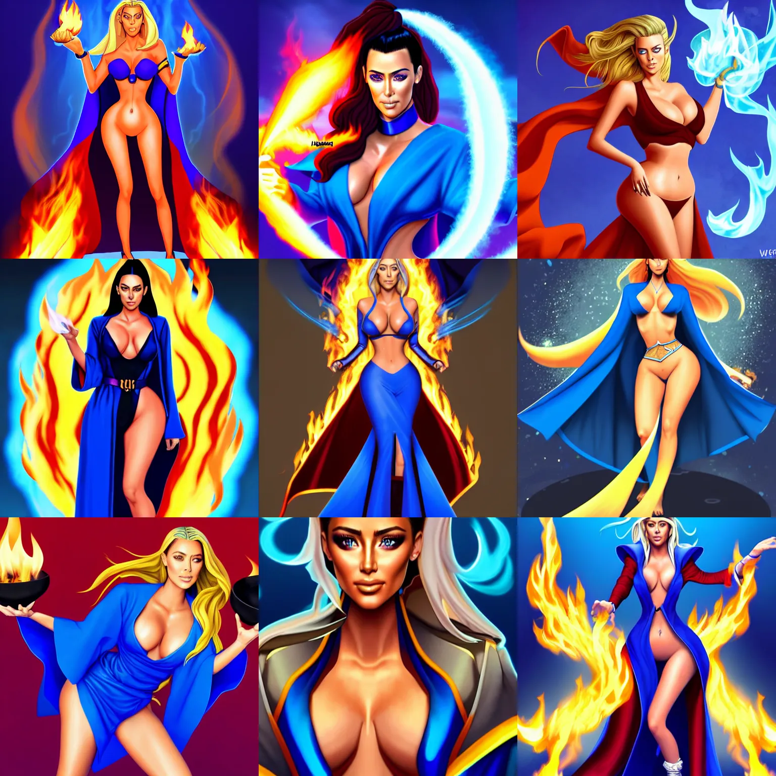 Prompt: Who : a mage with a blue robe casting a fire ball ; Face and hair : Amber Heard ; Body type : Kim Kardashian ; Clothes : covering ; IMPORTANT : LeraPI official splash art, award winning, trending in category \'hyperdetailed\'