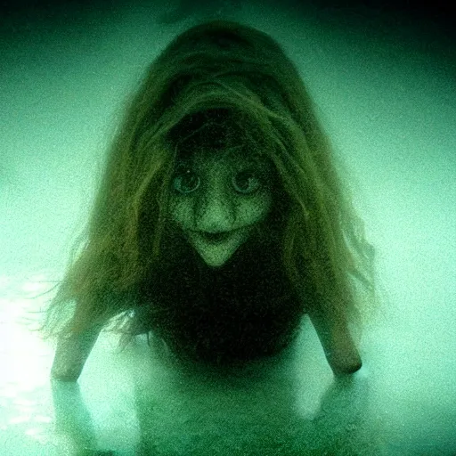 Image similar to sea monster about to eat pov underwater, pale skin, dark yellowish water, foggy water, dark, dramatic,'silent hill ', big eyes, alluring and terrifying, cinematic