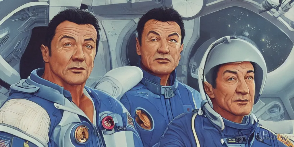 Prompt: a portrait of stallone and van damm and takeshi kitano pilots in spacesuit on field forrest spaceship station landing laying lake artillery outer worlds in FANTASTIC PLANET La planète sauvage animation by René Laloux