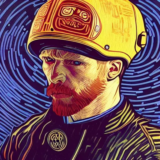 Image similar to Illustrated by Shepard Fairey and Greg Rutkpwski | Cyberpunk Van Gogh with VR helmet, surrounded by cables