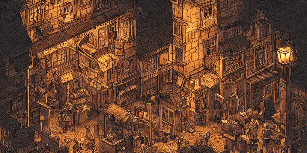 Image similar to isometric view illustration of a medieval village street corner, highly detailed, dark, gritty, at night, glowing lamps scattered around, by Victo Ngai
