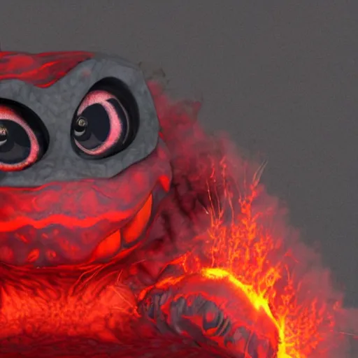 Image similar to a red monster made out of lava and fire with big cartoon eyes 3 d