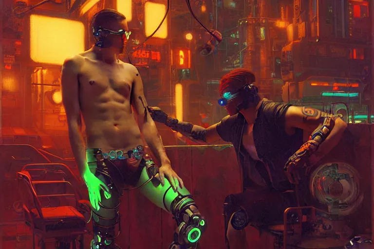 Prompt: cyberpunk style, attractive male with tattoo, robotic arm, neon lights, cool tint, painting by gaston bussiere, craig mullins, j. c. leyendecker, tom of finland