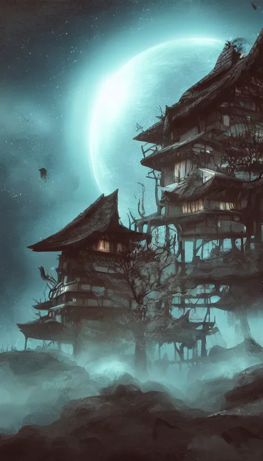 Image similar to witch house, planet in space, sharp focus, the last air bender, cinematic, game art, extremely detailed digital painting