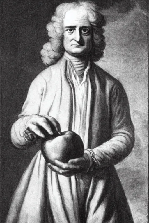 Image similar to isaac newton holding an apple, collage