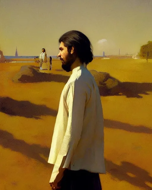 Image similar to a guy in a kurta waiting for his love to come, art by greg rutkowski, gustave courbet, rosa bonheur, edward hopper. faithfully depicted facial expression, perfect anatomy, sharp focus, global illumination, radiant light, detailed and intricate environment, trending on artstation