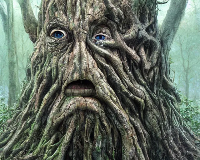 Image similar to a talking tree, a face in the bark, nose made of wood, mouth in the bark, eyes in the bark, fantasy concept art, digital oil painting, hyperrealistic, treebeard, ent, magical, highly detailed, artstation, cgsociety, in the forest, by alan lee, by artgerm