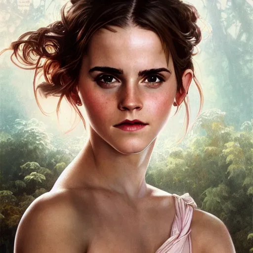 Prompt: emma watson, 8 k, depth of field, 3 d, art by artgerm and greg rutkowski and alphonse mucha and uang guangjian and gil elvgren and sachin ten