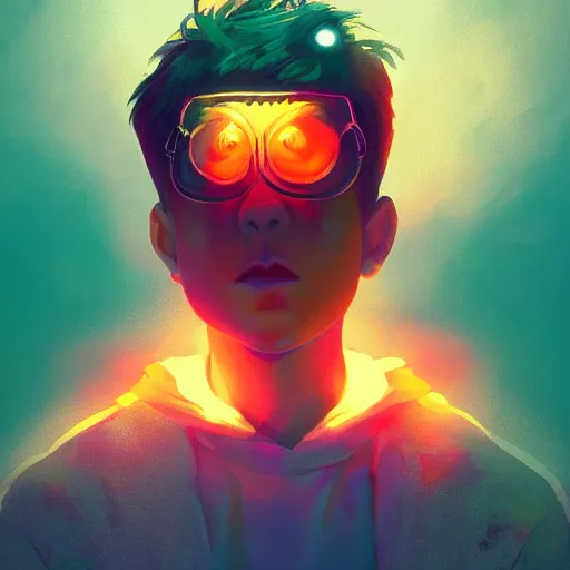 Image similar to a stylized portrait of a young boy as a wizard, stylized, arcane magic, orange vapor, neon color, vivid color, lens flare, volumetric light from above, background by liam wong, art by raymond swanland + marc simonetti + greg rutkowski + harumi hironaka