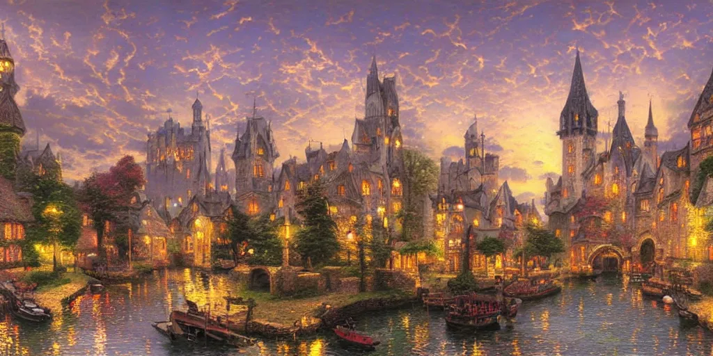 Prompt: beautiful medieval city by thomas kinkade