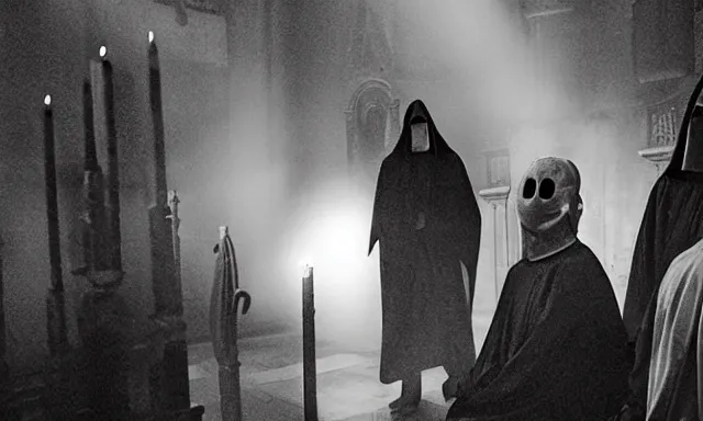 Image similar to a cultist ceremony, cultists with robes and masks, church interior, satanic church interior, the fog. horror lighting, found footage