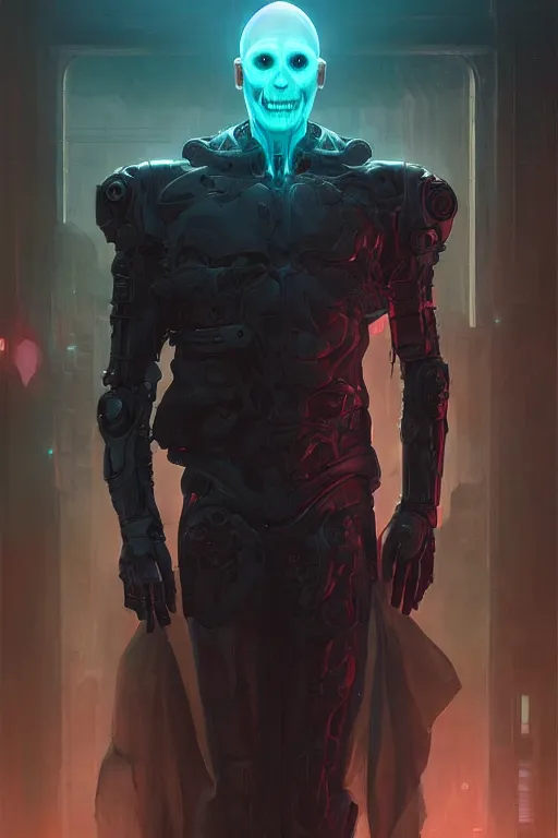 Image similar to cyborg Lord Voldemort without nose in cyberpunk, neon lighting, digital art from artstation by Ruan Jia and Mandy Jurgens and Artgerm and william-adolphe bouguereau and Greg Rutkowski and Wayne Barlowe