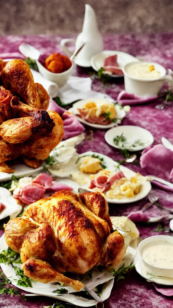 Prompt: 6 0 s food photography of a roast chicken covered entirely in mayonnaise, served with slice of ham on top, on a velvet table cloth, soft focus