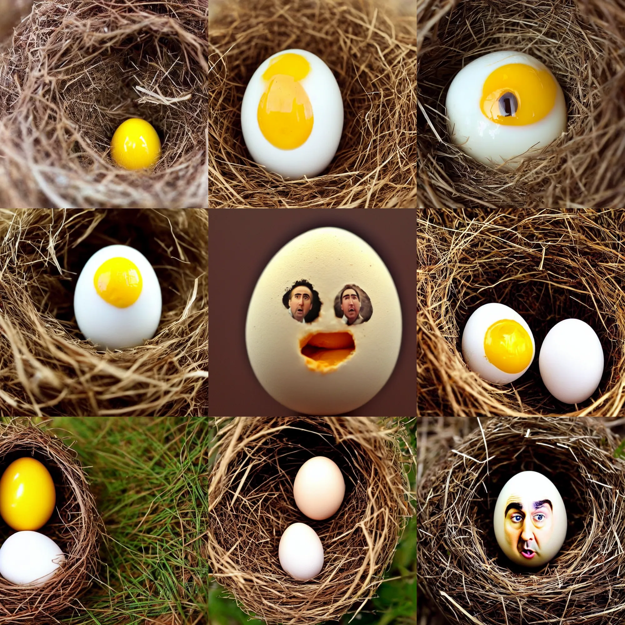 Prompt: an egg that looks like nicolas cage, nicolas cage's face on an egg, nest, macro shot, high detail photo, close up, cute, adorable