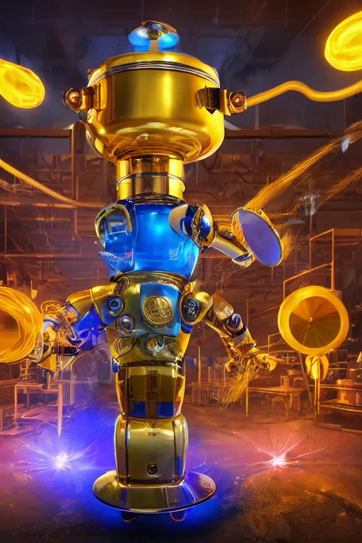 Prompt: portrait photo of a giant golden and blue metal steampunk robot chef wearing a big chef hat, with steaming pots and pans and tubes, eyes are green lights, shiny crisp finish, 3 d render, 8 k, insaneley detailed, fluorescent colors, background is multicolored lasershow