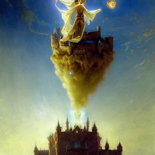 Image similar to stunning male master wizard magically levitating a huge castle in the air, highly detailed painting by gaston bussiere, craig mullins, j. c. leyendecker, 8 k