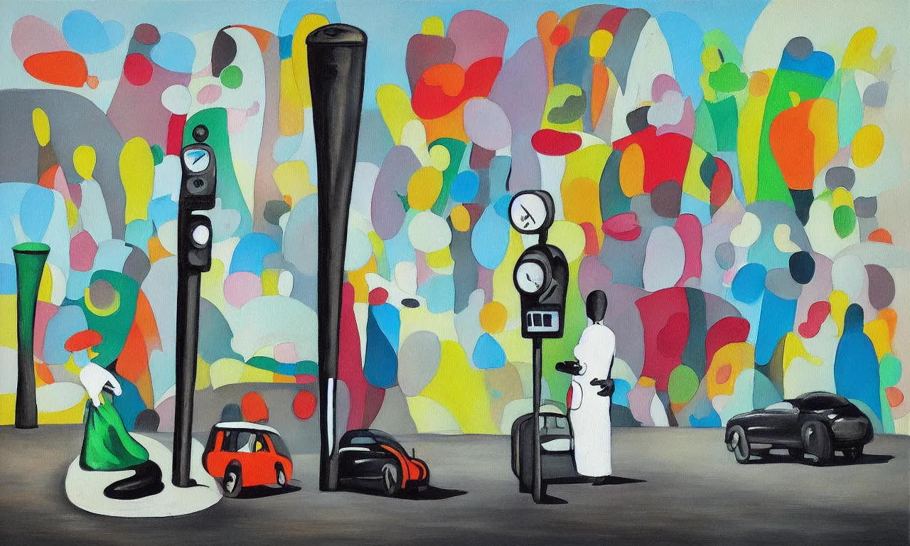 Prompt: “a painting in the style of Yves Tanguy , a parking meter stands in the middle of a desert. Next to the parking meter we see a priest, a woman in a green dress , and a rhinoceros ”