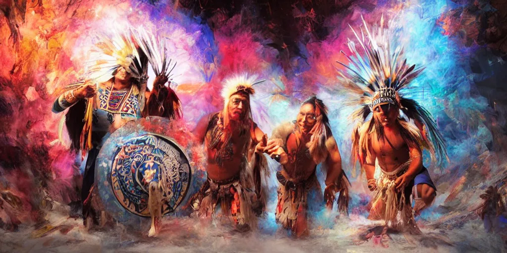 Image similar to of Native American shaman drumming by Liam Wong and Boris Vallejo