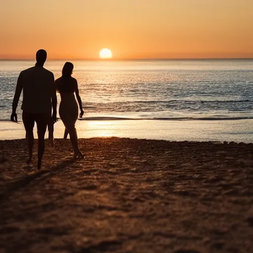 Prompt: Couple walking down a secluded beach during the golden hour quietly contemplating the newfound beauty discovered inside the other person while growing ever more deeply in trust and love between each other.