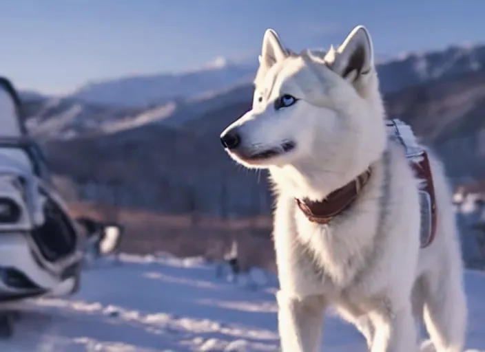 Image similar to film still of an anthropomorphic white vested husky!!!!!! in a white vest wearing a white vest!!!!! in the new sci - fi movie, 8 k