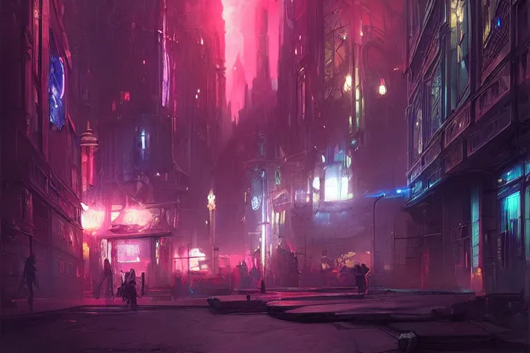 Image similar to Hogwarts cyberpunk city, neon lighting, night city, digital art from artstation by Ruan Jia and Mandy Jurgens and Artgerm and william-adolphe bouguereau and Greg Rutkowski and Wayne Barlowe