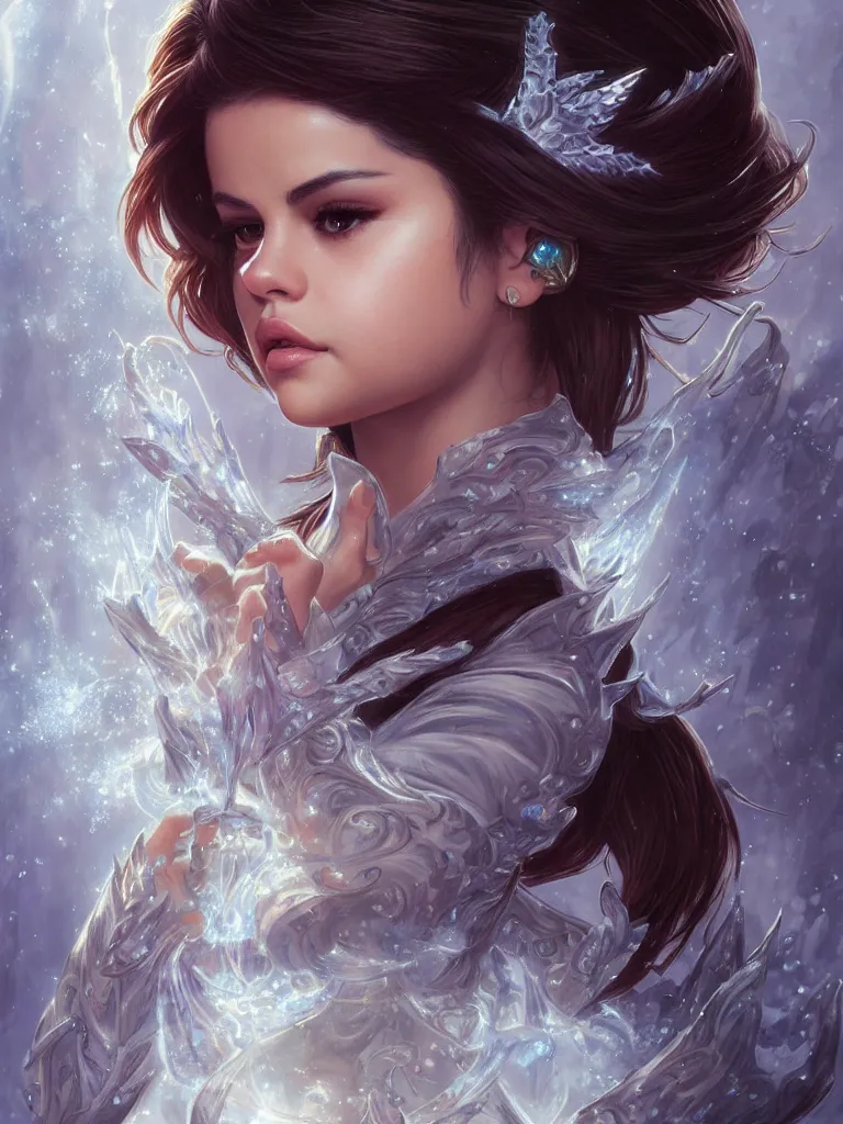 Image similar to Selena Gomez casting an frost spell, D&D, fantasy, intricate, elegant, highly detailed, digital painting, artstation, concept art, matte, sharp focus, illustration, hearthstone, art by Artgerm and Greg Rutkowski and Alphonse Mucha