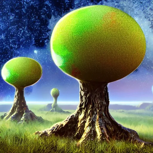 Prompt: surface of an alien planet with bubbly trees t