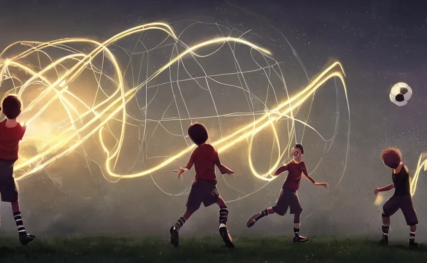 Image similar to young boys playing football and a spiral - shaped white luminous attractor is floating on the horizon in soviet city, concept art, art for the game, professional lighting, art by jehronym bosch