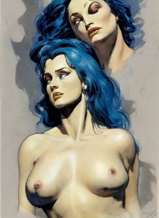 Image similar to portrait of mighty plump female sorceress, blue tiara, lightning halo, strong line, muted color, beautiful! coherent! by frank frazetta, by brom