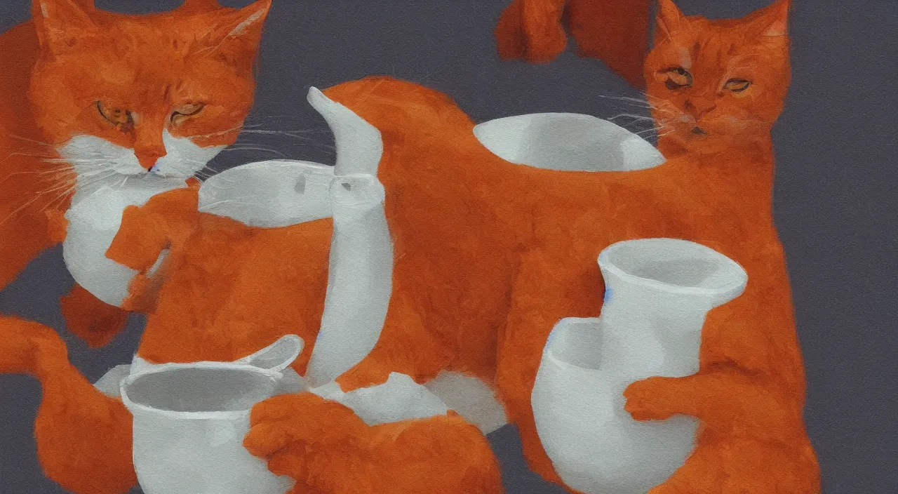 Prompt: Orange cat is drinking milk in a bowl, digital art,