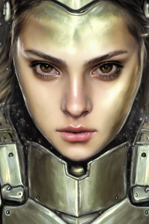 Image similar to a photorealistic painting of an attractive young girl, partially clothed in metal-plated battle armor, scratched and dirty, olive skin, long dark hair, beautiful bone structure, symmetrical face, perfect eyes, intricate, elegant, digital painting, concept art, illustration, sharp focus, minimal artifacts, volumetric lighting, from Metal Gear, in the style of Ruan Jia and Mandy Jurgens and Greg Rutkowski, trending on Artstation, award winning