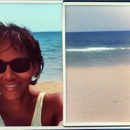 Prompt: found polaroid of my parents at beach, who look exactly like Halle Berry and Ted Cruz