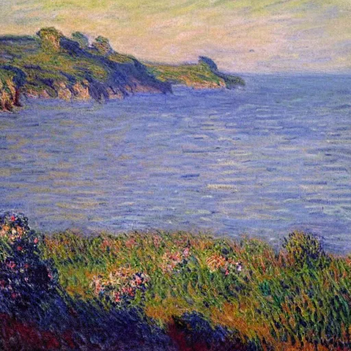 Image similar to a coastal landscape painted by claude monet