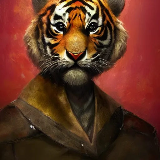 Image similar to a aesthetic award winning commission portrait of a cute baby anthro tiger wearing military uniform,digital art,art by greg rutkowski,art germ,charles bowater,trevor henderson,detailed beautfiul face,photorealistoc,hyperdetailed,dramatic,artstation,deviantart,professional lighting,beautiful face,cub,wholesome