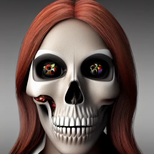 Prompt: closeup portrait photo of a stunning beautiful lady skull with her tongue touching her nose, 3D render,subsurface scattering,global illumination,raytracing,studio lighting, HDR, UHD, 4K