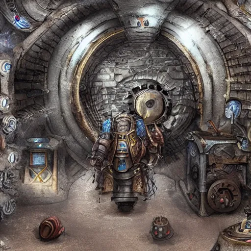 Image similar to deep underground, within a long - forgotten dwarven sanctuary, exists a mechanical contraption that coverts magic into life.