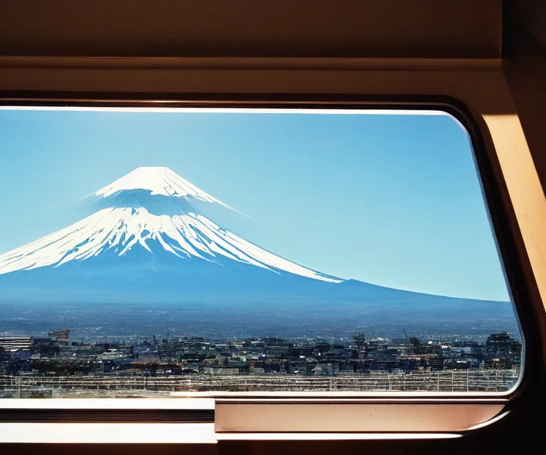 Image similar to a photo of mount fuji, among beautiful japanese landscapes, seen from a window of a train. dramatic lighting.