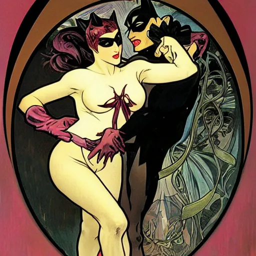 Prompt: portrait of catwoman and batman by Alphonse Mucha