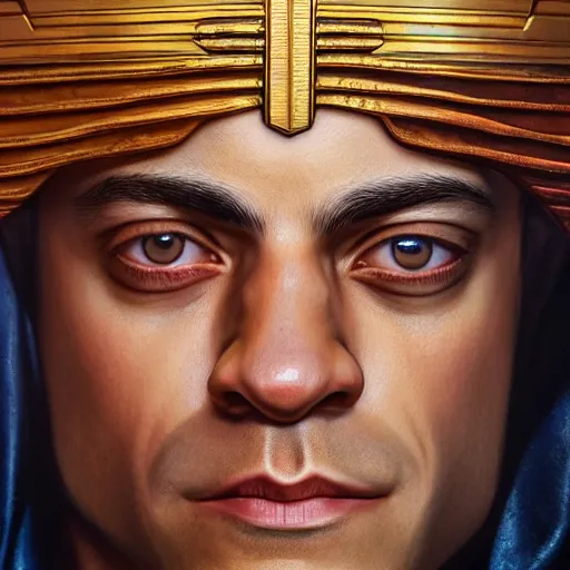 Image similar to a detailed fantasy character portrait of Rami Malek as egyptian king of arts by lauri blank, artgerm, evelyn de morgan, 8K, 50mm lens