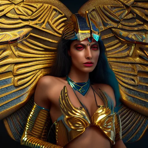 Prompt: hyper realistic photo portrait of beautiful egyptian goddess with wings and gold armor, cyberpunk, glow fluo, 8 k, octane render, sci - fi backgroud, detailled, spiritual inspiration