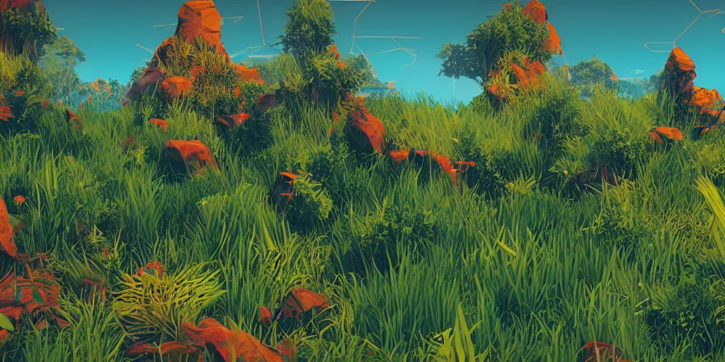 Image similar to abstract 3d rendered landscape with vegetation by james jean and painted in no mans sky style, redshift, octane