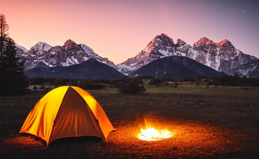 Prompt: night photography of a tent and fireplace with mountains in the background