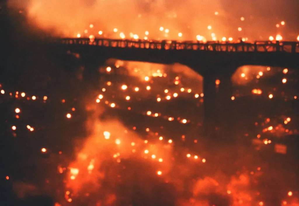 Image similar to lomo photo of a large burning bridge, cinestill, bokeh, out of focus, night, dramatic lighting