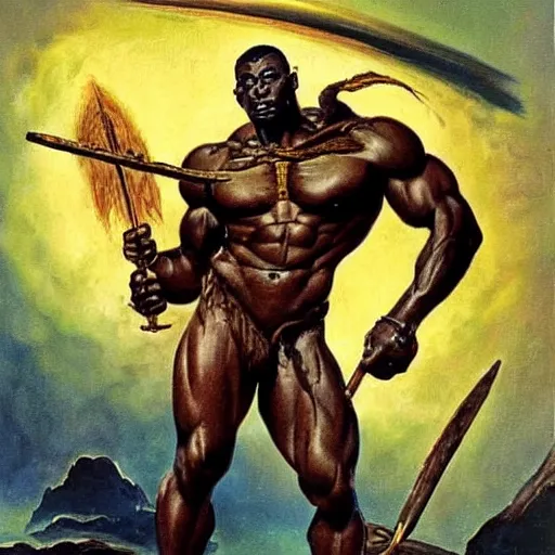 Prompt: a muscular warrior from sub - saharan africa, holding a spear and fighting a monster of cosmic horror. frank frazetta, earl norem, bob larkin.