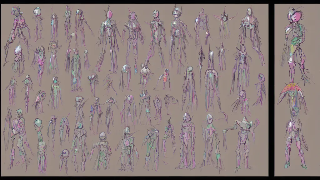 Prompt: concept art, colorful character sheet for an androgynous extraterrestrial with large bulbous head, religious robes, retrofuture, fantastic planet, moebius, valerian, coherent, illustration, digital art, trending on artstation, hd, 8 k, good lighting, beautiful, rough paper, masterpiece