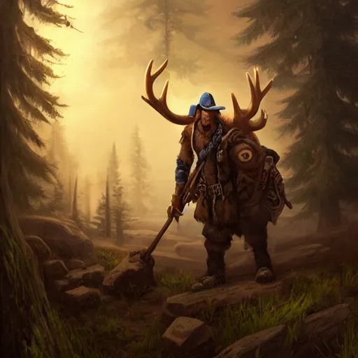 Image similar to a frontiersman in a moose hat, World of Warcraft, cover art, ultra wide lens shot, pretty, beautiful, DnD character art portrait, matte fantasy painting, DeviantArt Artstation, by Jason Felix by Steve Argyle by Tyler Jacobson by Peter Mohrbacher, cinematic lighting, unreal engine, octane render, realistic lighting