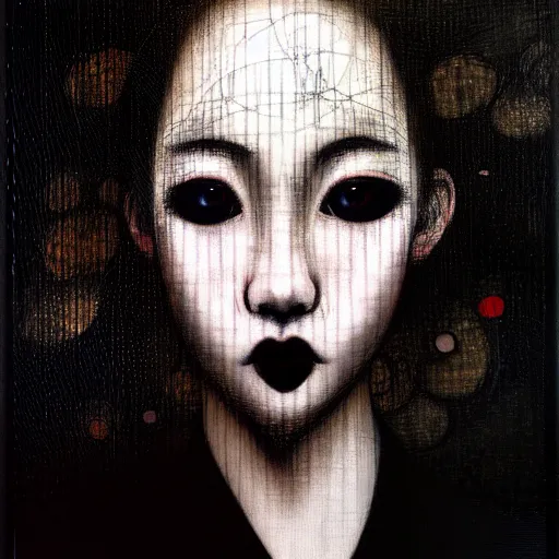 Prompt: yoshitaka amano blurred and dreamy three quarter angle portrait of a young woman with black lipstick and black eyes looking up and to the side wearing dress suit with tie, junji ito abstract patterns in the background, satoshi kon anime, noisy film grain effect, highly detailed, renaissance oil painting, weird portrait angle, blurred lost edges