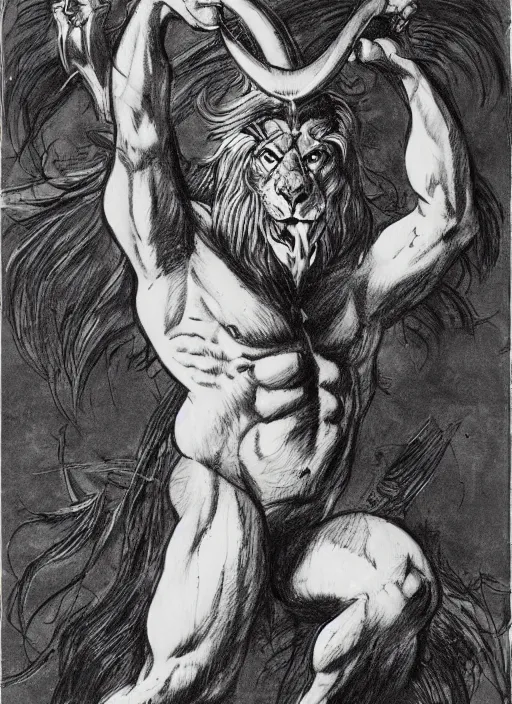 Image similar to a creature with the body and eyes of a man, with the beak of an eagle, the mane of a lion, and the horns of an ox. drawn by frank frazetta