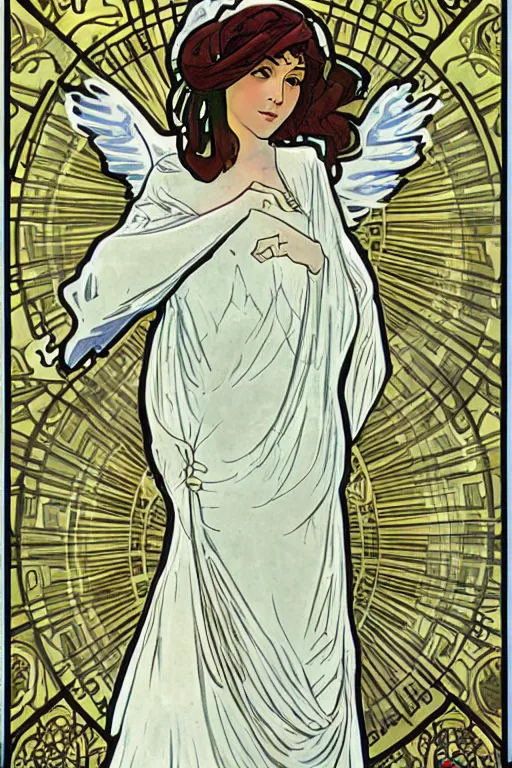 Image similar to Angel with Ring of light behind her, in the style of Alphonse Mucha