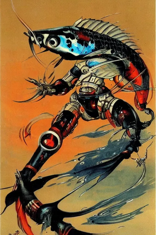 Image similar to a koi fish!! fighter robot by Frank Frazetta